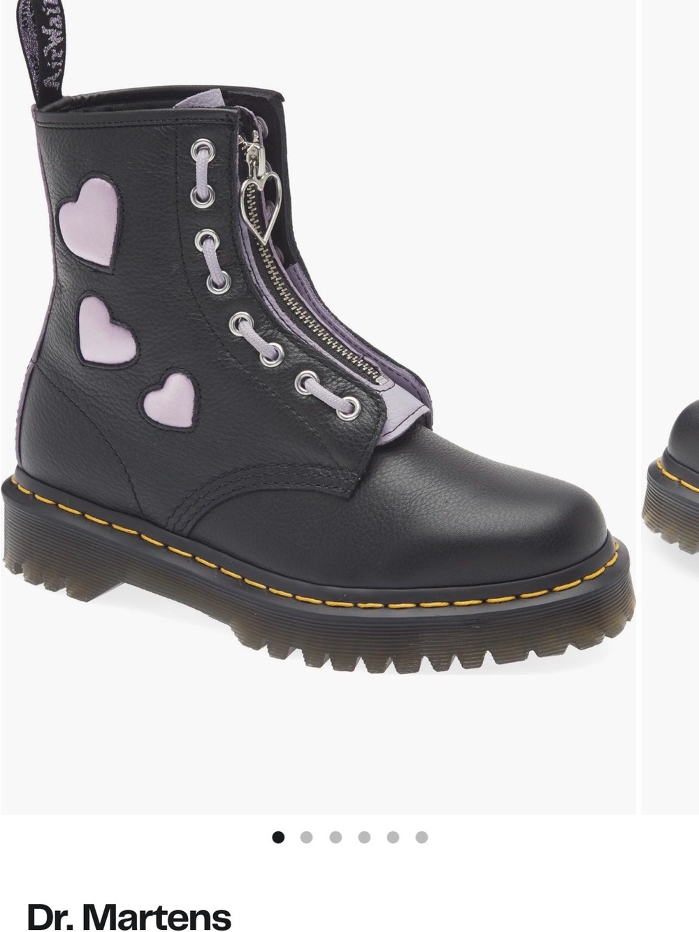 Dr. Martens Black Leather Heart Zip Boot with Light Pink Accents